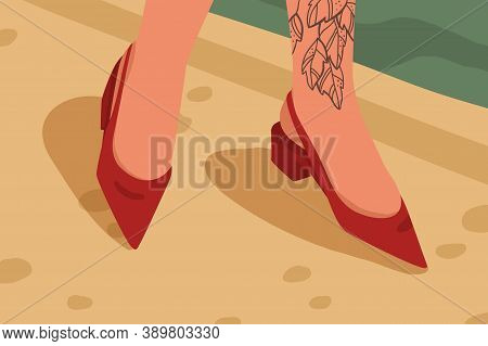 Woman Red Casual Acute Toe Shoes With Low Square Heel. Female Feet With Tattoo In Stylish Elegant Op