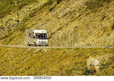 Sognefjellet, Norway - July 7, 2018: Camper Car Carthago Drive In Mountains On National Tourist Rout