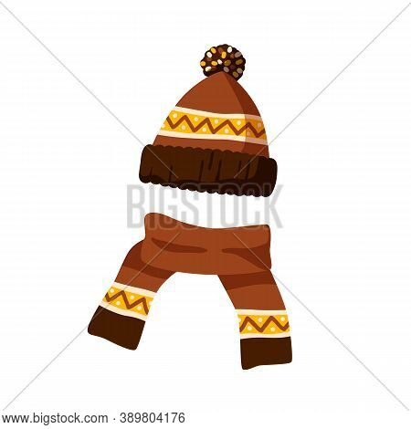 Ornamented Knitted Childish Bobble Hat And Scarf. Winter Hat With Pompom For Children. Flat Vector C