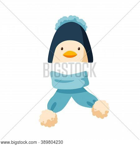 Childish Bobble Hat And Plush Scarf. Winter Penguin Cap With Pompom For Children. Flat Vector Cartoo