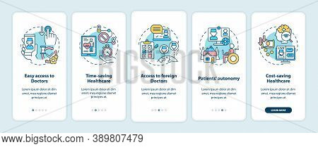Telemedicine Benefits Onboarding Mobile App Page Screen With Concepts. Mediacl Technologies Walkthro