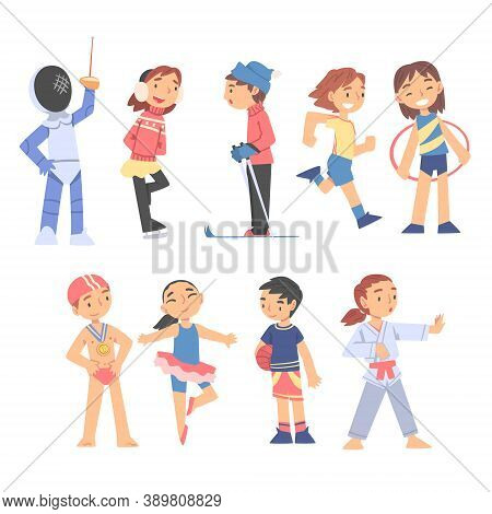 Children Playing Various Sports Set, Boys And Girls Fencing, Skating, Dancing, Swimming, Healthy Lif