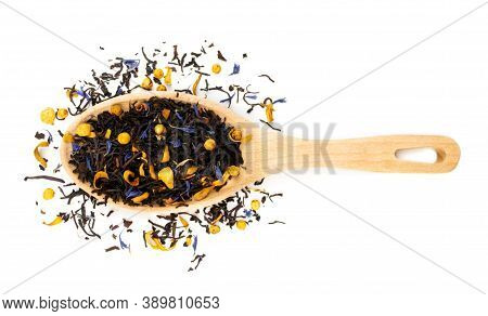 Black Tea With Blue Cornflower Petals, White Chocolate And In Wooden Spoon Isolated On White Backgro