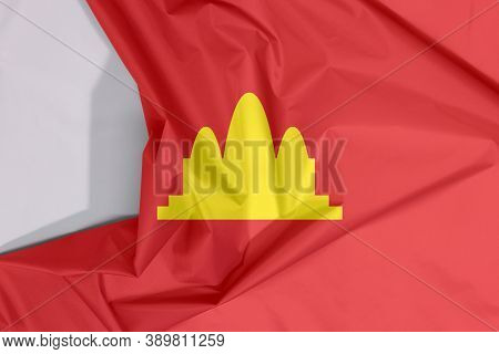 Fabric Democratic Kampuchea Flag Crepe And Crease With White Space, Refers To Cambodia Between 1975 