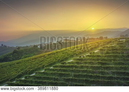 Prosecco Hills, Vineyards And San Pietro Di Barbozza Village At Sunset. Unesco Site. Valdobbiadene, 
