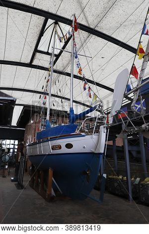 Istanbul, Turkey - September 20, 2020: Sadun Boros Kismet Sail Boat In Rahmi M. Koc Industrial Museu