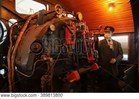 Istanbul, Turkey - September 20, 2020: Steam Locomotive Engine In Rahmi M. Koc Industrial Museum. Ko