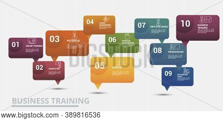 Infographic Business Training Template. Icons In Different Colors. Include Online Training, Consulti