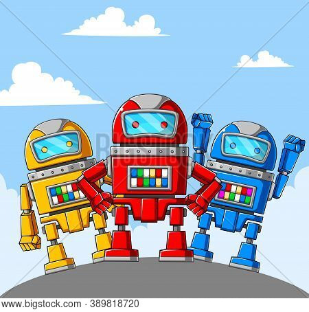 Three Robots With Different Posing And Color