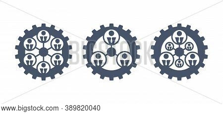 Networking Icon In 3 Variations With People Icons Connected To Each Other Inside Gear (cogwheel) - I
