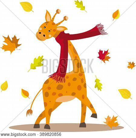 Funny Girrafe In Autumn Leaves Vector Image