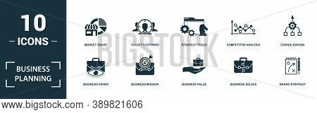 Business Planning Icon Set. Monochrome Sign Collection With Business Vision, Business Mission, Busin