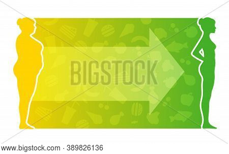 Weight Loss. The Influence Of Diet On The Weight Of The Person. Young Woman Before And After Diet An