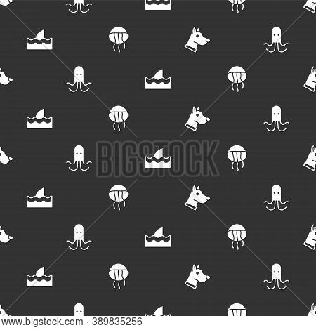 Set Dog Head, Octopus, Shark Fin In Ocean Wave And Jellyfish On Seamless Pattern. Vector