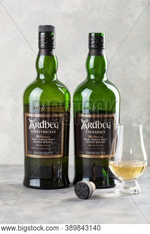 Trondheim, Norway - May 20 2020: Ardbeg Corryvreckan and Uigeadail single malt scotch whisky bottle and glass