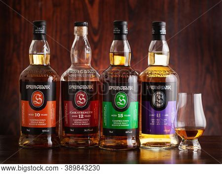 Trondheim, Norway - May 26 2020: Springbank single malt scotch whisky four bottles 10, 15, 12, 18 years