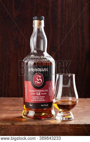 Trondheim, Norway - May 20 2020: Springbank single malt scotch whisky bottle and glass
