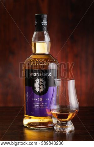 Trondheim, Norway - May 20 2020: Springbank single malt scotch whisky bottle and glass