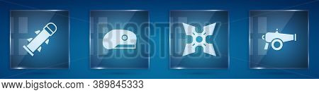 Set Rocket, Military Beret, Japanese Ninja Shuriken And Cannon. Square Glass Panels. Vector