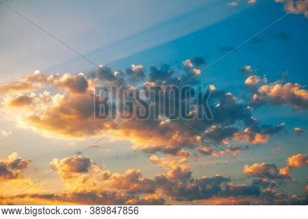 Sun Rays On The Morning Heaven . Illuminated Sky In The Dawn