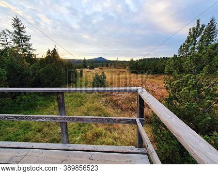 A View Over Tourist Wooden Path In Peat Bog Near Kvilda Village In Sumava National Park.