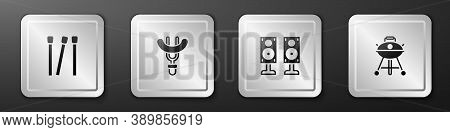 Set Matches, Sausage On The Fork, Stereo Speaker And Barbecue Grill Icon. Silver Square Button. Vect