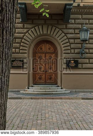 Riga, Latvia- June 29 2020: Old City Architecture, Politician Building Wood Door, Entrie Republic Sa