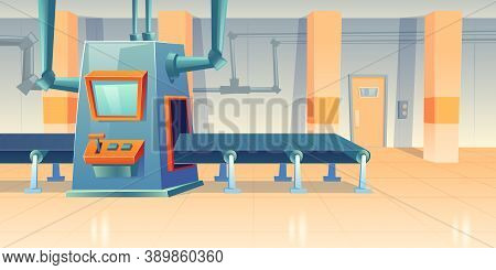 Conveyor Belt And Assembly Machine At Factory, Plant Or Warehouse. Vector Cartoon Interior Of Worksh