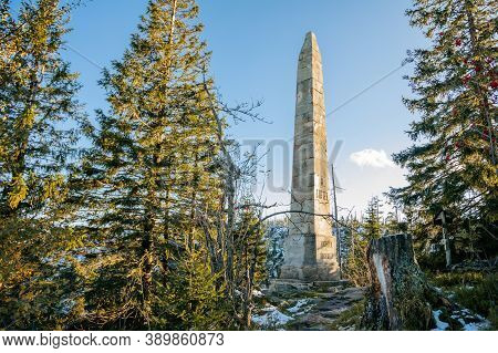 Stone Monument Of Adalbert Stifter At The Plöckenstein (plechy) Mountain Above Plesne Lake In The Bo
