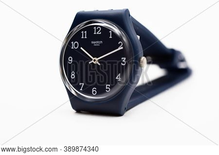 Rome, Italy 07.10.2020 - Swatch Swiss Made Quartz Watch Isolated On White Background. Simple Straigh