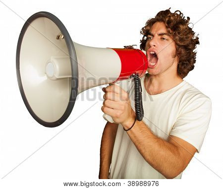 Portrait Of A Handsome Young Man Shouting With Megaphone On White Background