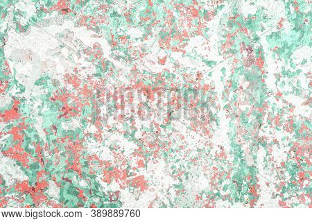 Old Grungy Cracked Green And Coral Weathered Wall With Layers Of Paint Peeling Off. Textured Monochr