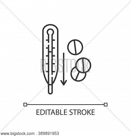 Fever Reducer Pills Linear Icon. Drugs For Flu Treatment. Remedy For Temperature. Thin Line Customiz