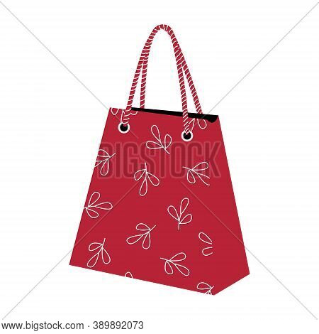 Package For Shopping And Gifts. Paper Bag With Leaf Ornament And Rope Handles. Hand Drawn Clip Art. 