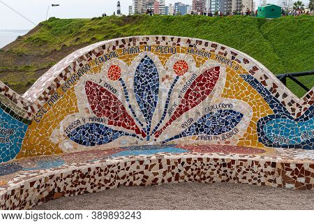Miraflores, Peru - December 4, 2008: Parque Del Amor, Love Park. Artful Bench Decorated With Colorfu