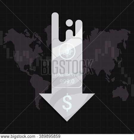 Silver Market Price Crisis Concept. Design By Ag Metal Bar And Falling Down Arrow With Us Dallar Sig