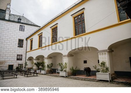 Medieval Castle Rozmberk Nad Vltavou, Courtyard With Renaissance Arcade, South Bohemia, Czech Republ
