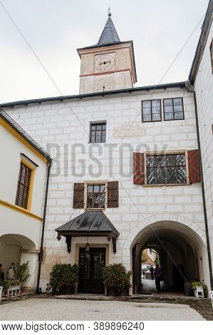 Medieval Castle Rozmberk Nad Vltavou, Courtyard With Renaissance Arcade, South Bohemia, Czech Republ