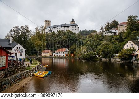 Small Ancient Town And Medieval Castle Rozmberk Nad Vltavou, South Bohemia, Czech Republic, Septembe