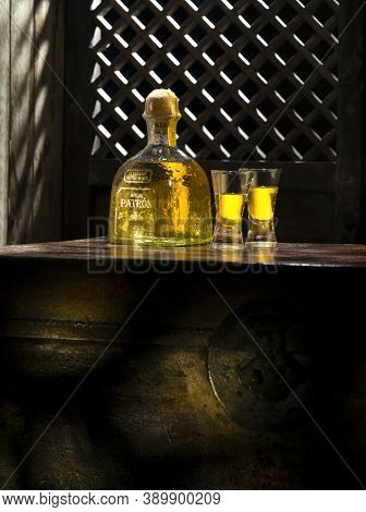 Phuket, Thailand - March 2020. Bottle Of Tequila Patron Anejo 0,7 Liter, 40%vol