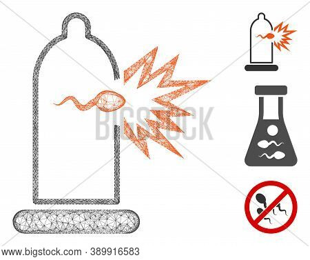 Mesh Condom Sperm Escape Polygonal Web Symbol Vector Illustration. Model Is Based On Condom Sperm Es