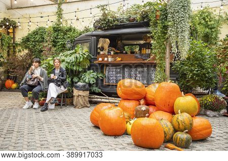 Prague, Czech Republic - 09.10.2020: Popular Botanica Coffee Truck Cafe In Prague City, Czech Republ