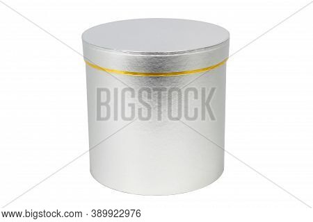 Silver Round Gift Box With Gold Stripe Isolated On White Background