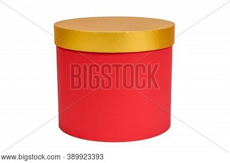 Red Round Gift Box With Gold Cover Isolated On White Background