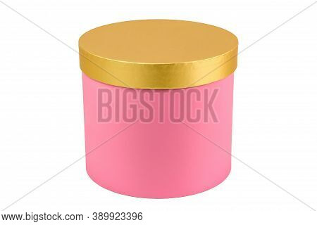 Pink Round Gift Box With Gold Cover Isolated On White Background