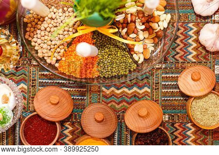 Arabic Or Turkish Quisine. Middle East Quisine. Assorted Appetizers On A Plate.