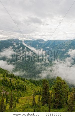 Foggy morning in mountains.