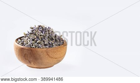 Dried Lavender Flowers In The Wooden Bowl - Lavandula.