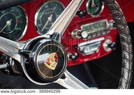 Toronto, Canada - 08 18 2018: Steering Wheel With Logo On Horn Button, Dials And Knobs On Front Pane