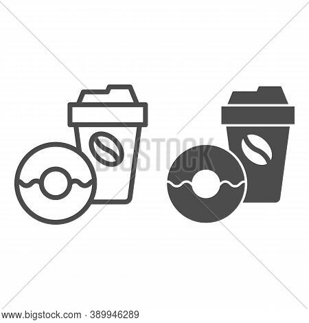 Donut And Coffee To Go Line And Solid Icon, Breakfast Concept, Coffee Break Time With Doughnut Sign 